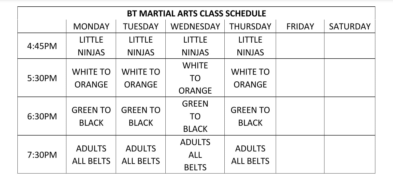 Schedule BT Martial Arts